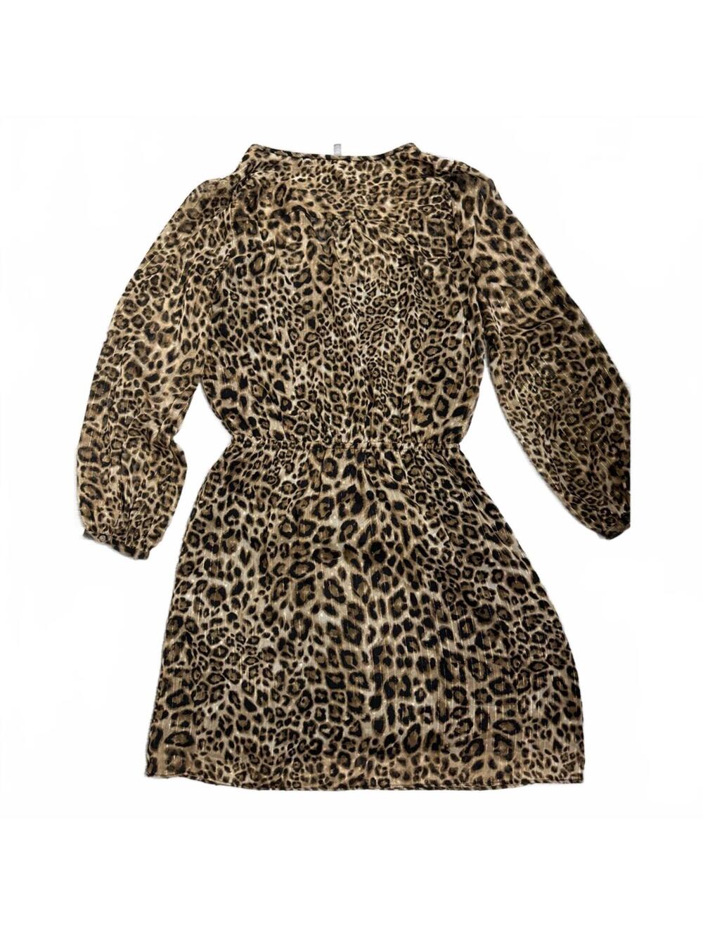 White House Black Market Brown Leopard Metallic V-neck Long Sleeve Dress- Size 6 - Picture 2 of 7